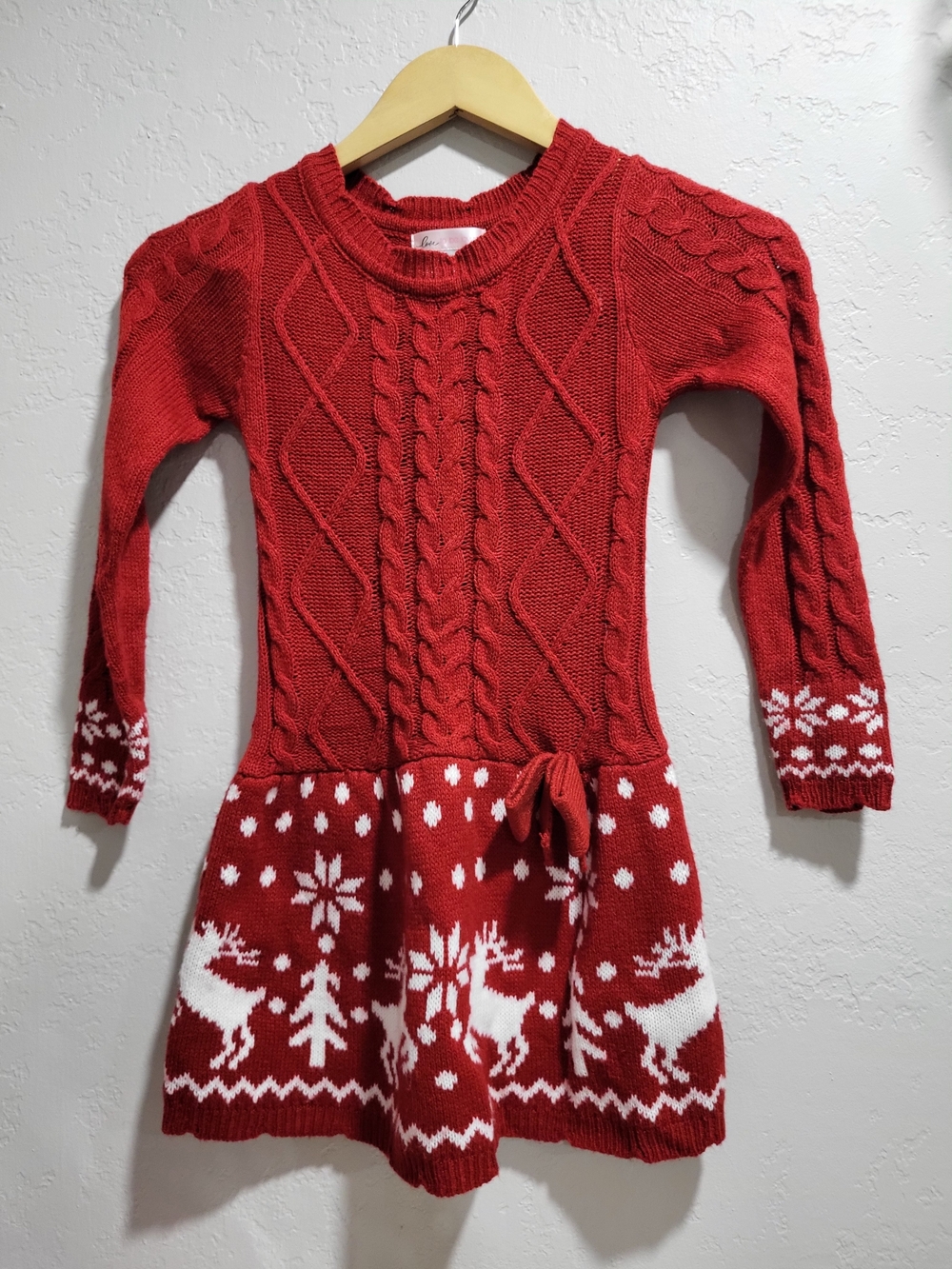 Girls' Red Cable-Knit Holiday Dress with Festive White Motif